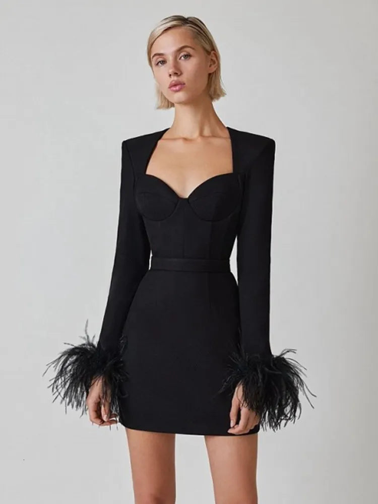 Sofia | Mini-robe élégante à détails plumes