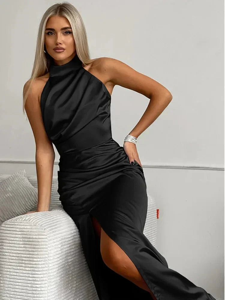 Ylva | Robe en satin élégante col américain et fendue