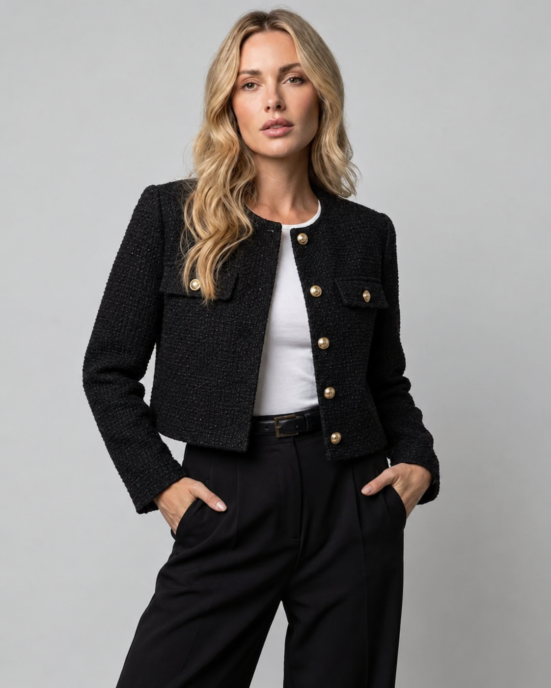 Josée | Veste courte effet tweed à boutons dorés