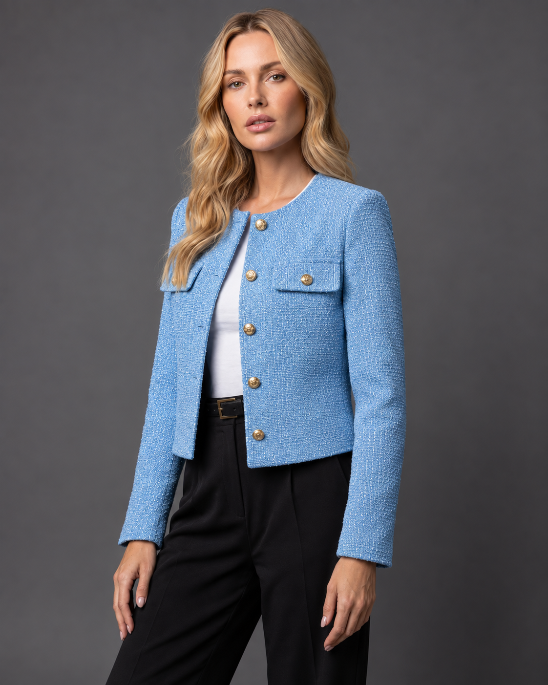 Josée | Veste courte effet tweed à boutons dorés