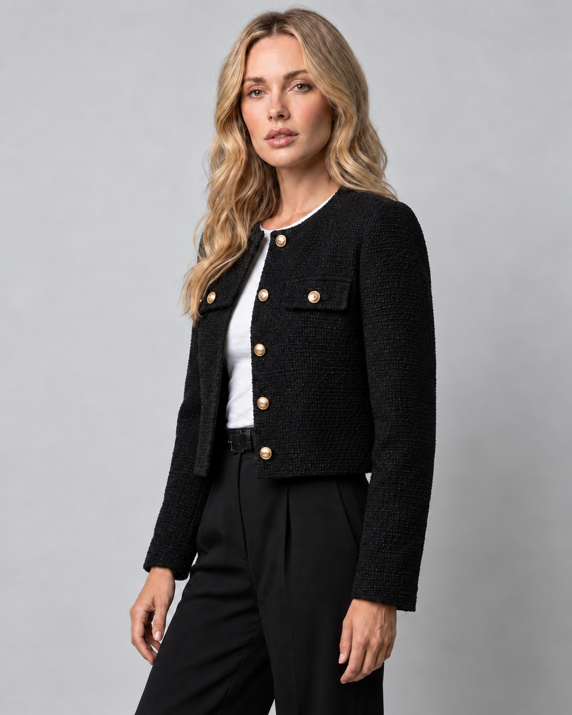 Josée | Veste courte effet tweed à boutons dorés