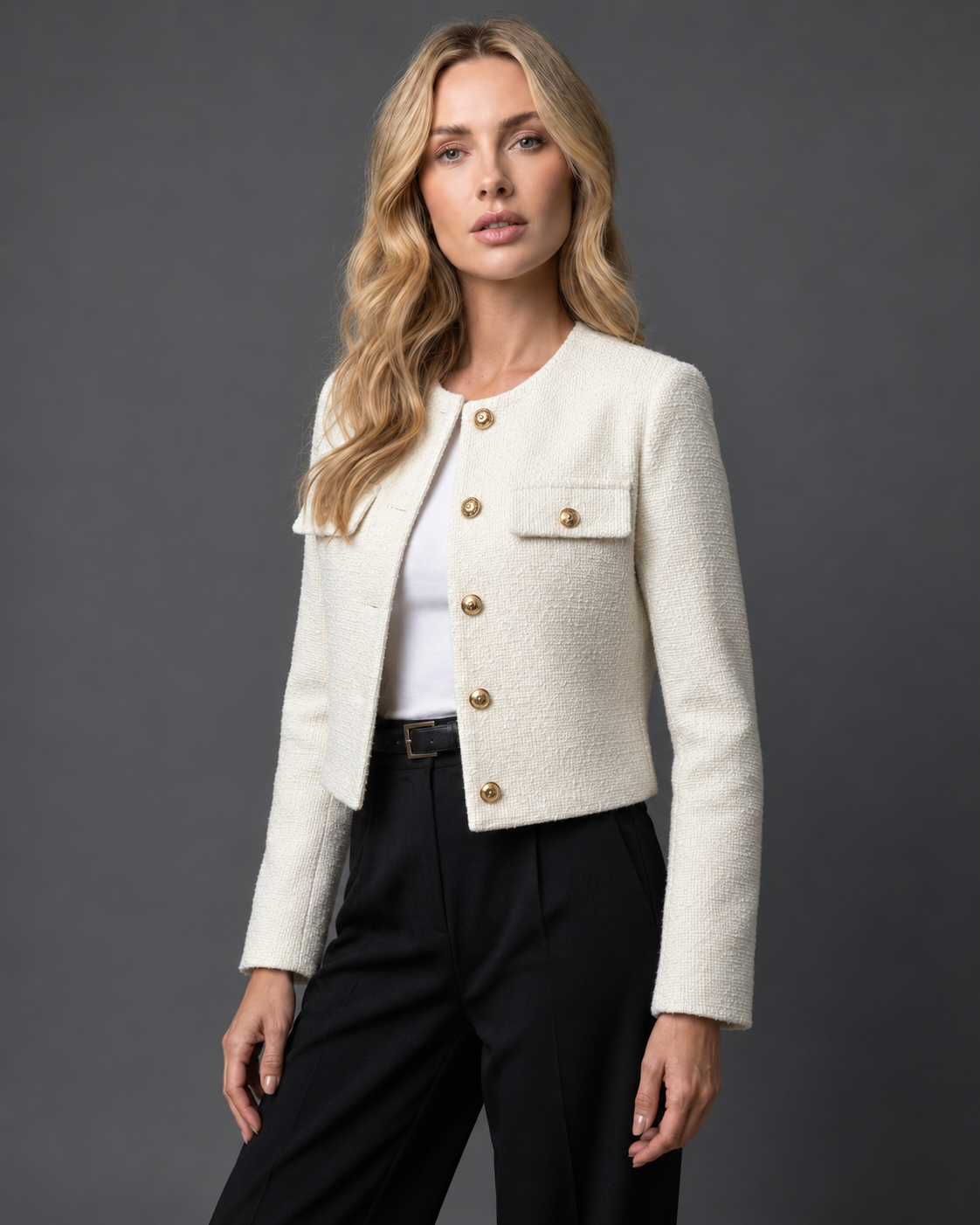 Josée | Veste courte effet tweed à boutons dorés