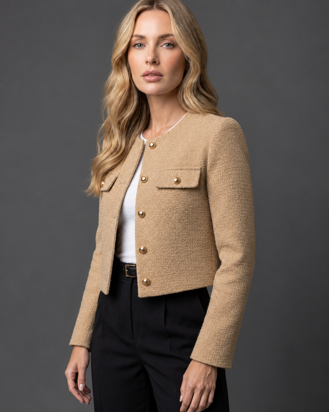 Josée | Veste courte effet tweed à boutons dorés