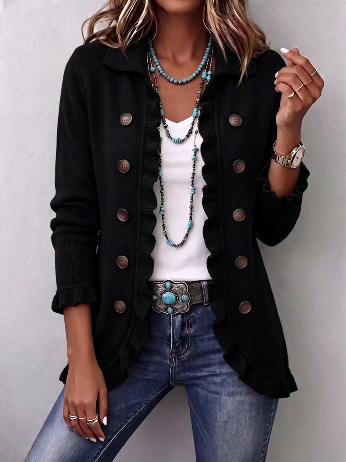 Lucille | Veste à volants en maille côtelée noir de jais