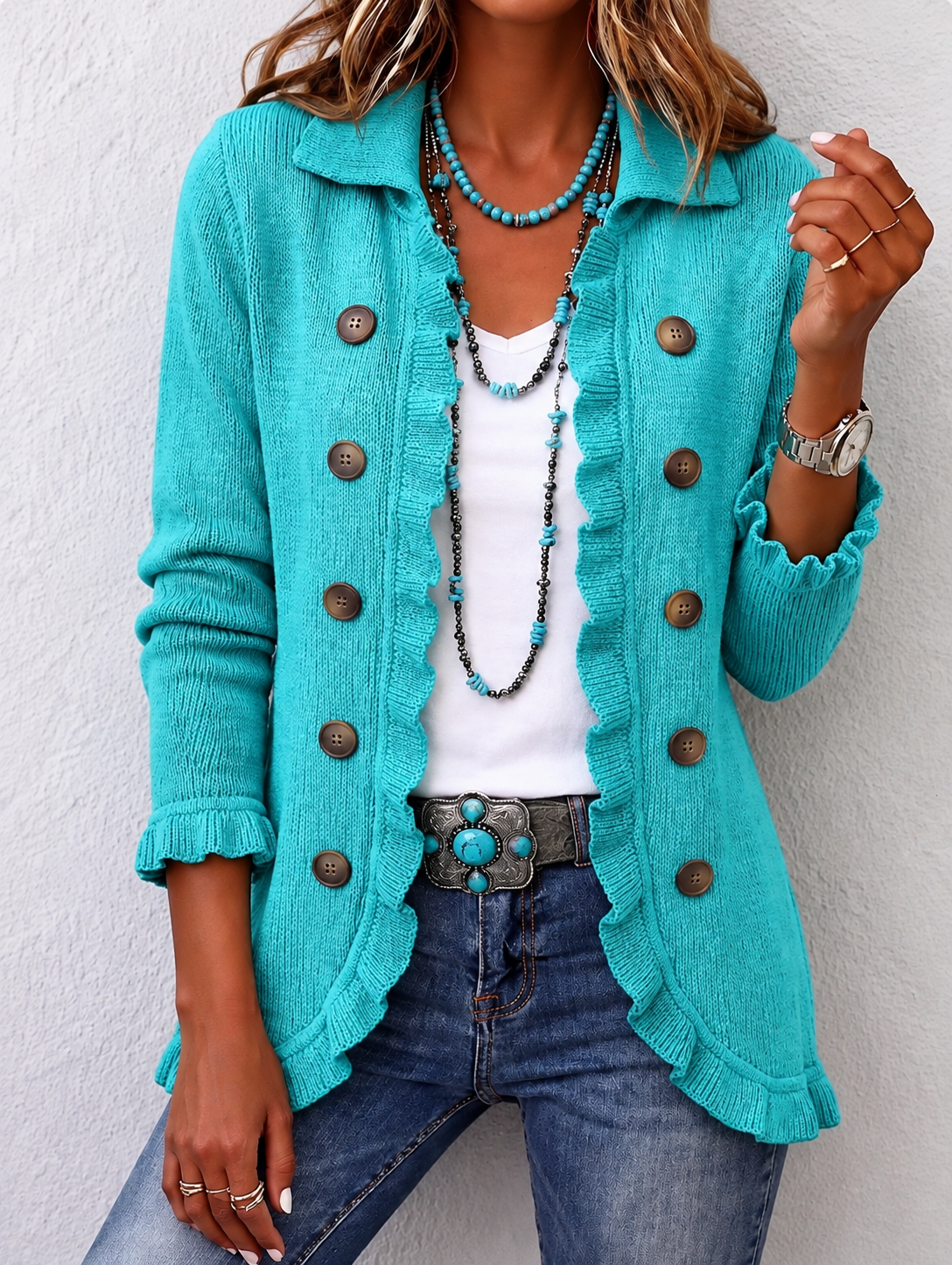 Luce | Veste à volants en maille côtelée turquoise