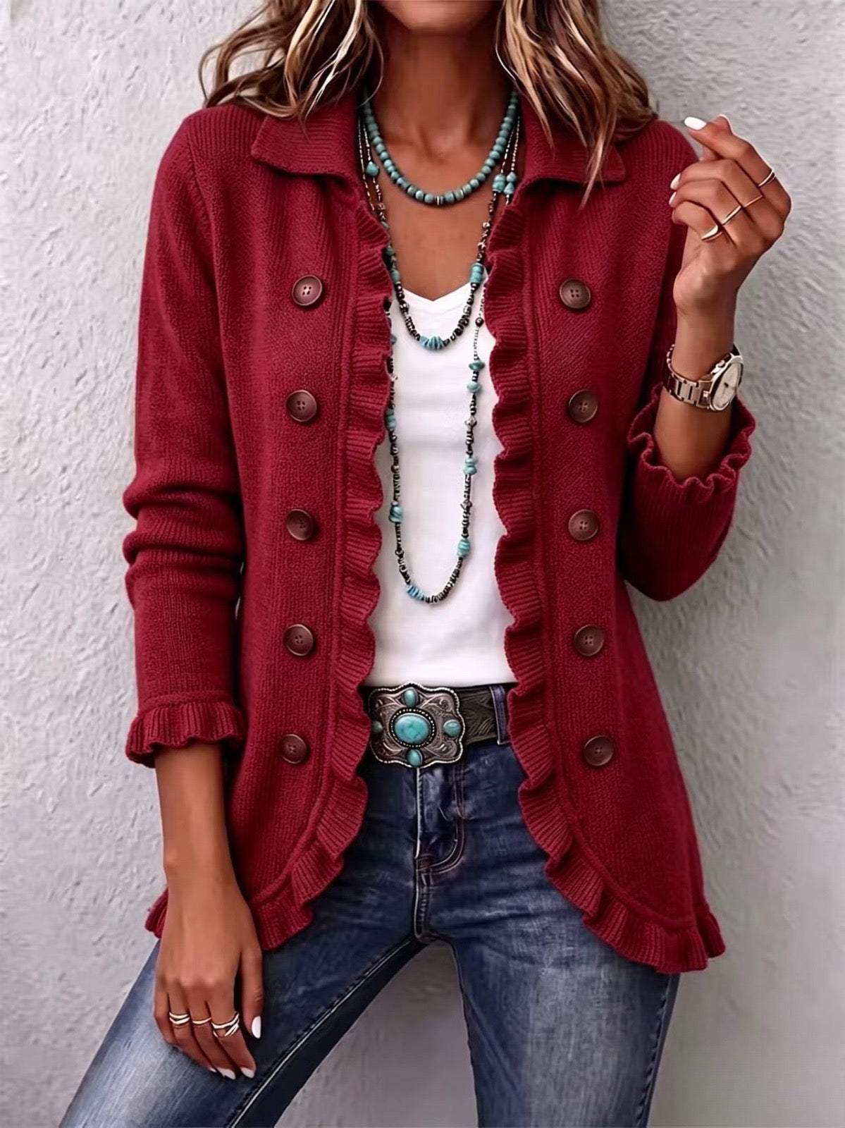 Madelon | Veste à volants en maille côtelée rouge rubis