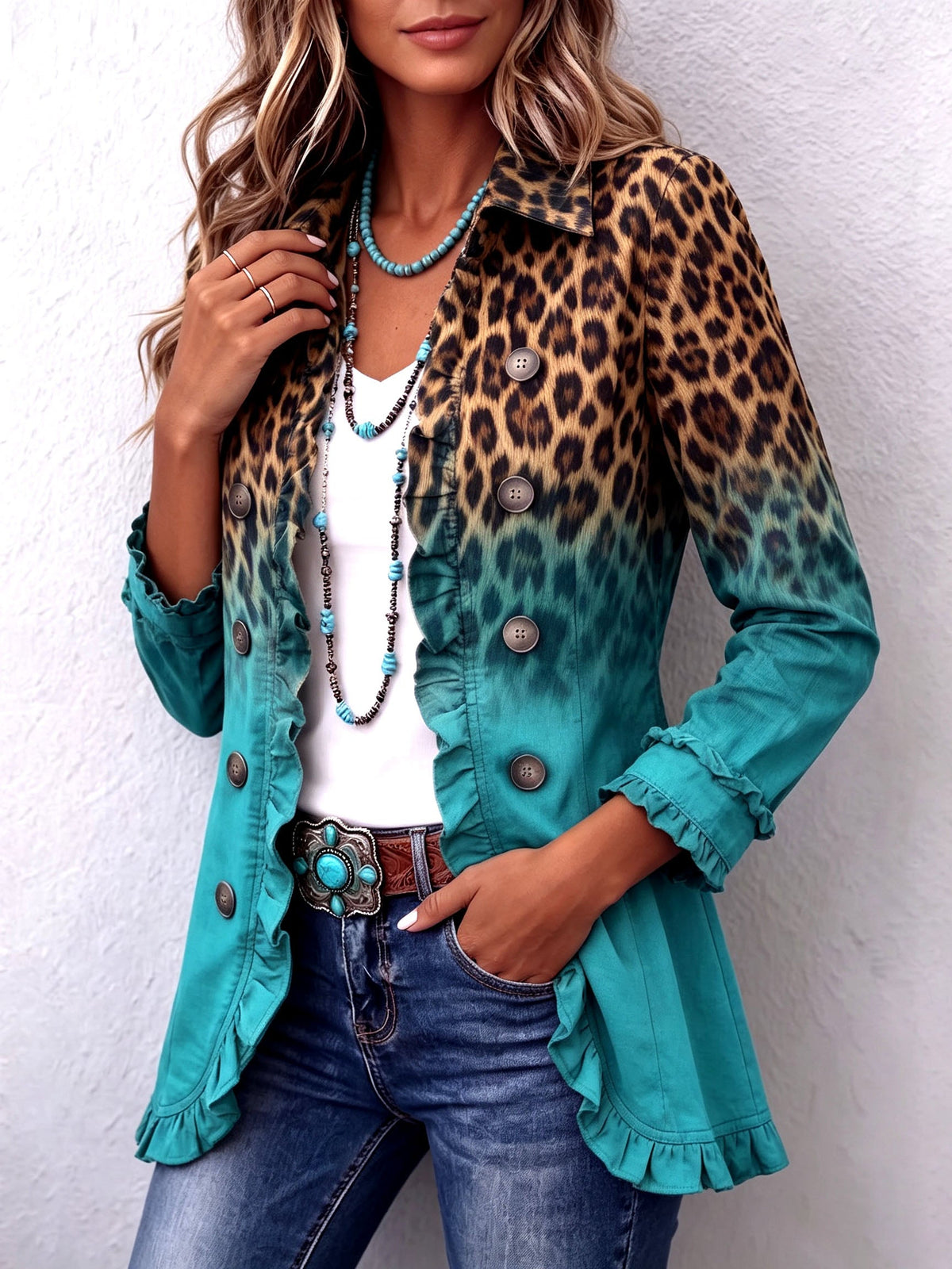 Naima | Veste blazer à volants et effet ombré léopard