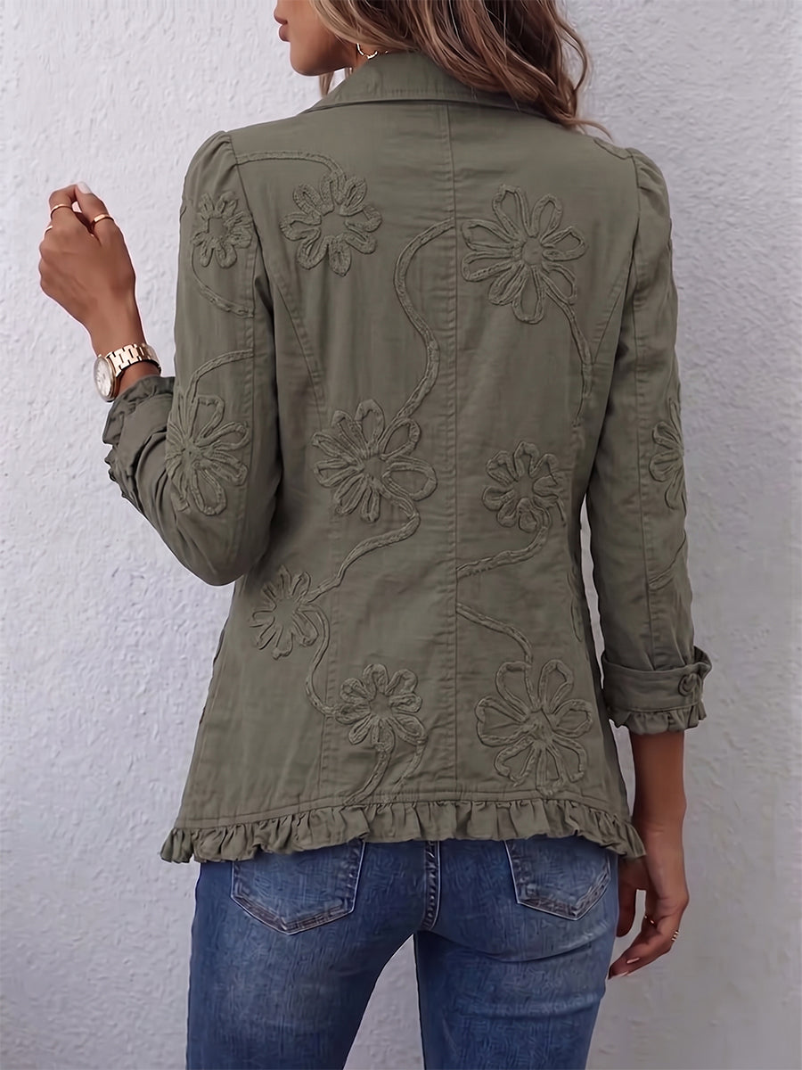 Mirabelle | Veste utilitaire bohème-chic à volants, ornée de broderies florales