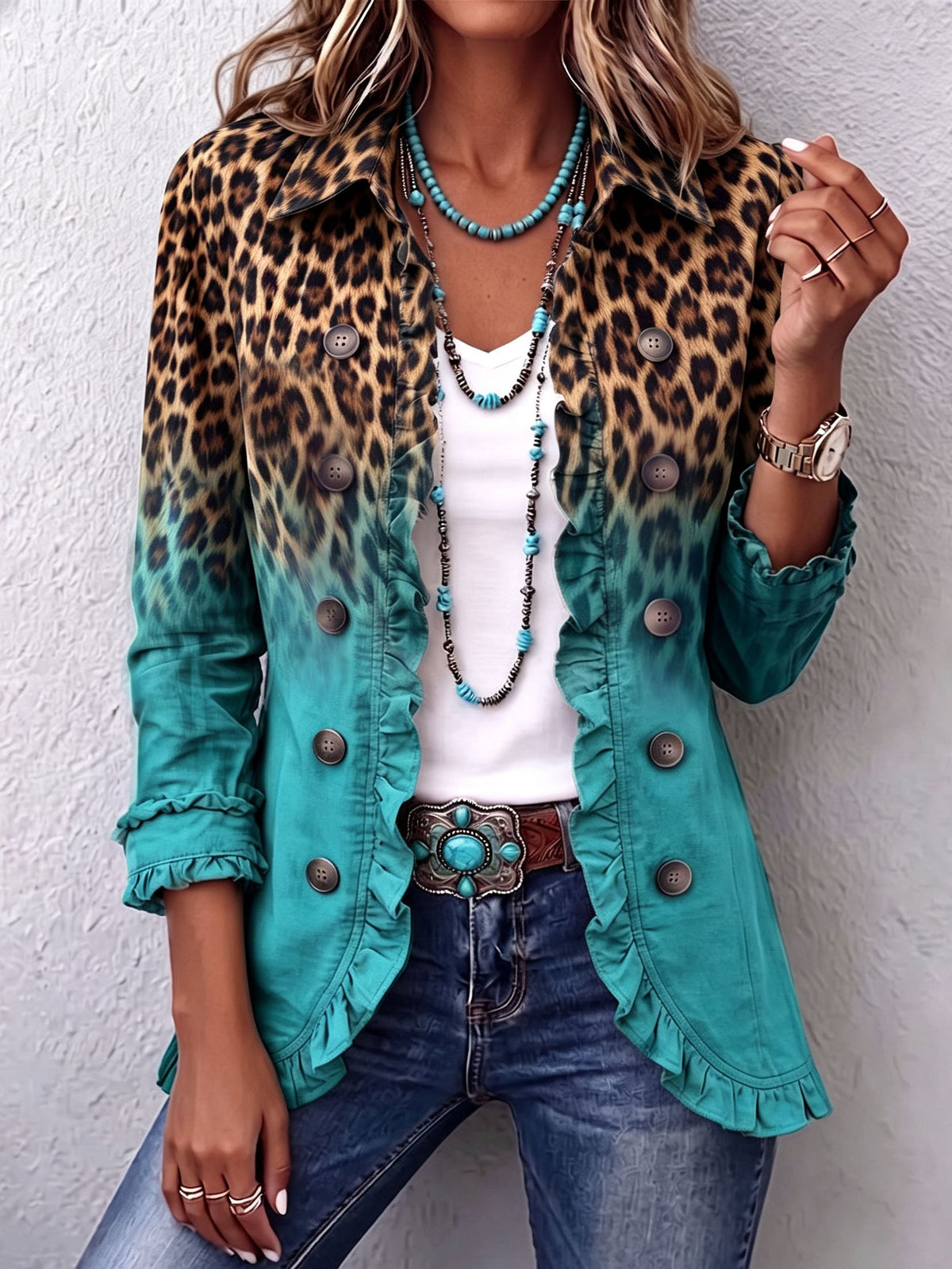 Naima | Veste blazer à volants et effet ombré léopard