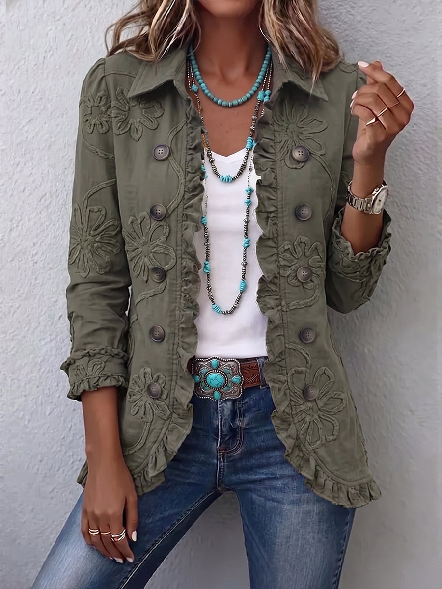 Mirabelle | Veste utilitaire bohème-chic à volants, ornée de broderies florales