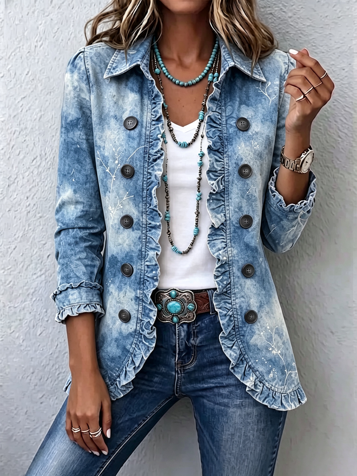 Marilou | Veste style bohème à imprimé botanique vintage dégradé et volants