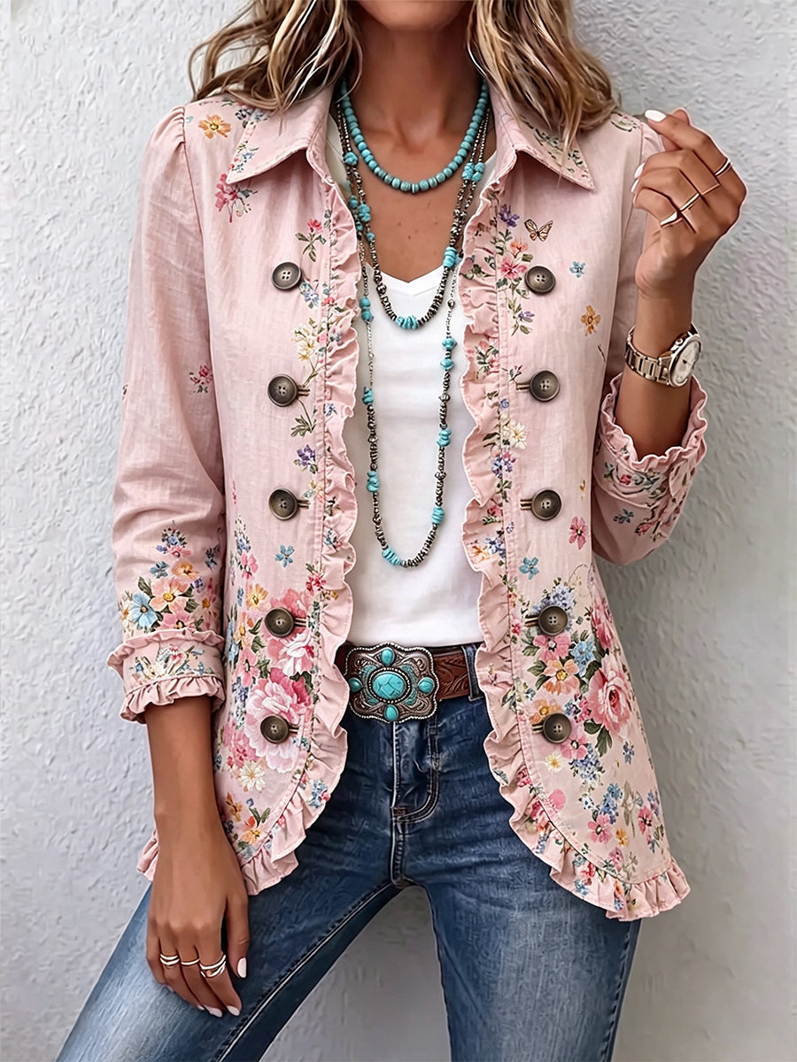 Milene | Veste à volants et motif floral, fermée par des boutons sur le devant