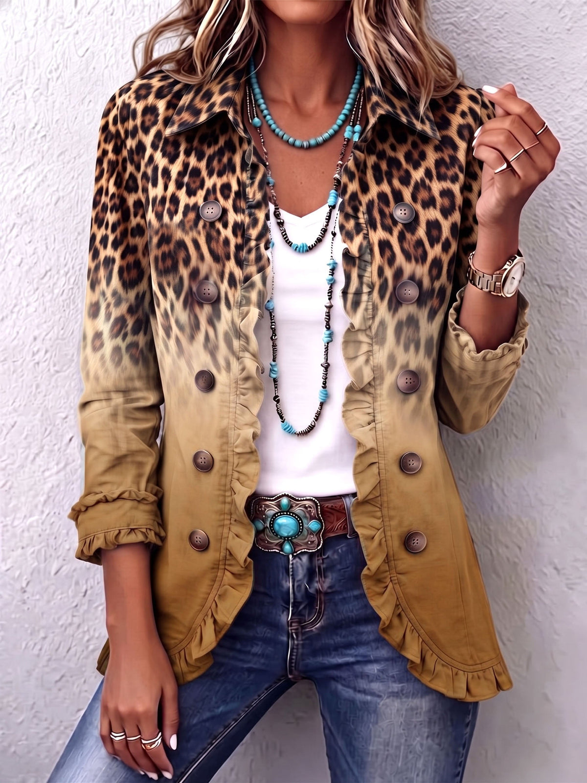 Naima | Veste blazer à volants et effet ombré léopard