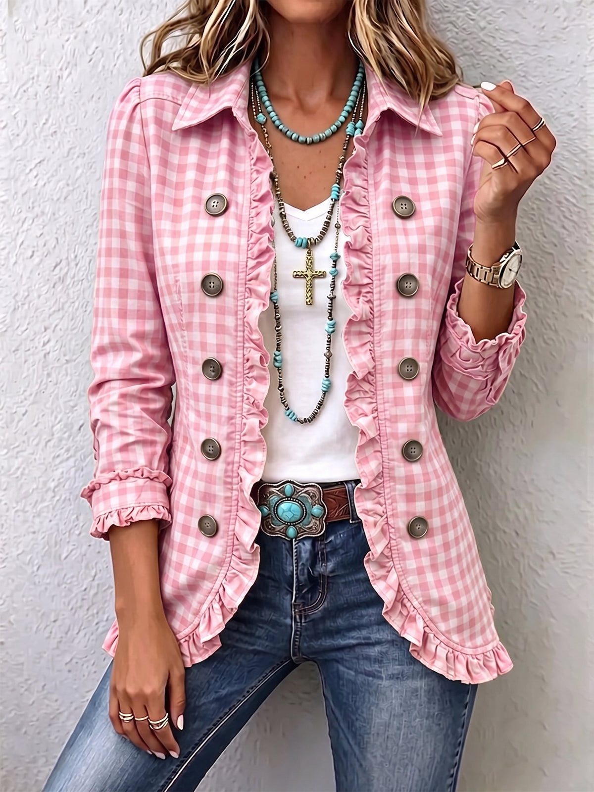 Mirella | Veste boutonnée à volants en vichy