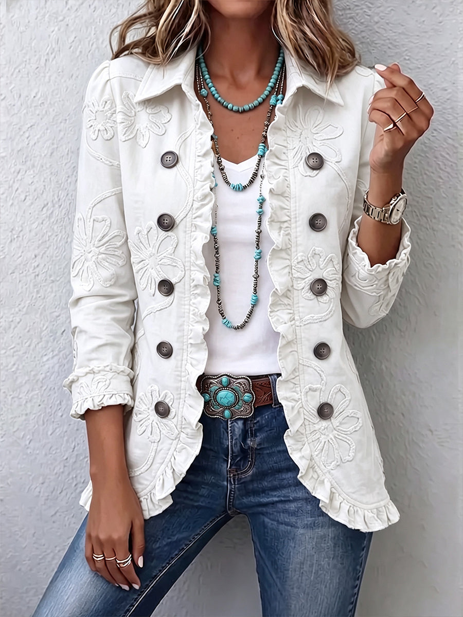 Louisette | Veste utilitaire ivoire à volants, ornée de broderies florales