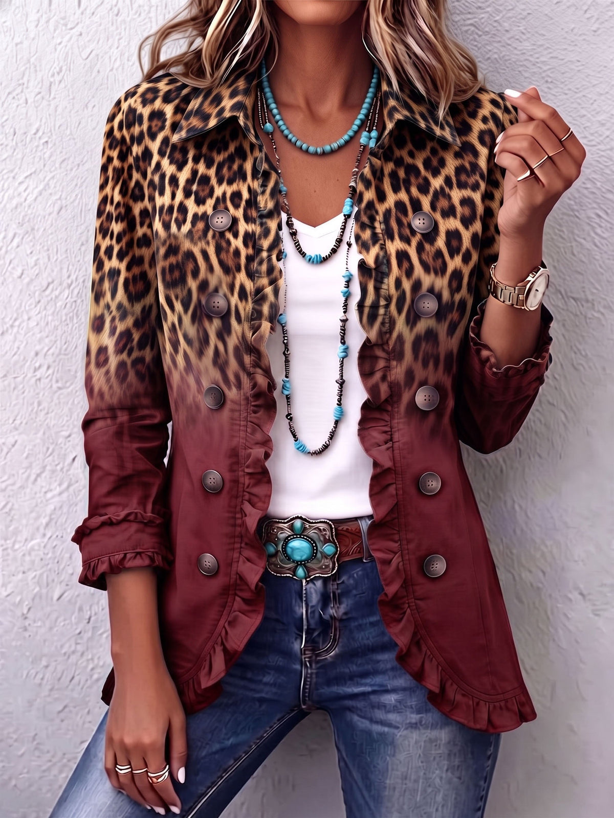 Madelyne | Veste blazer à volants et effet ombré léopard