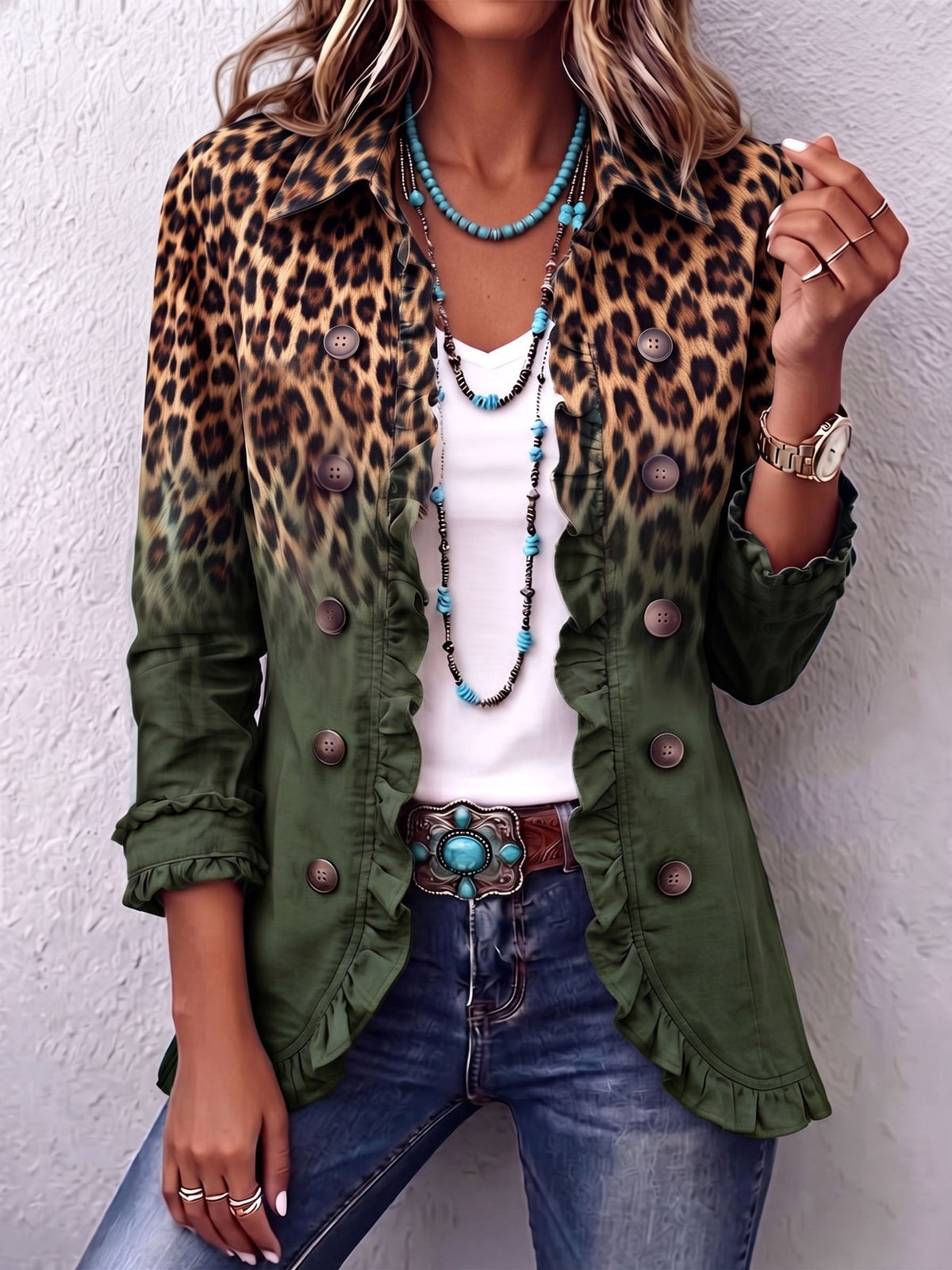 Naima | Veste blazer à volants et effet ombré léopard