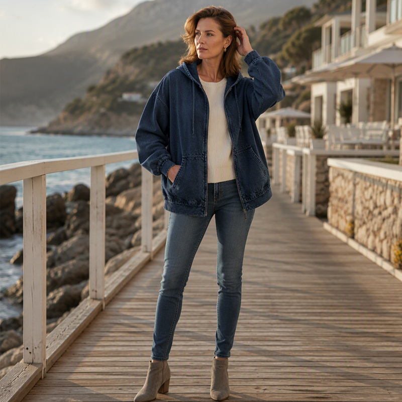 Lisette | Veste à capuche zippée effet jean délavé