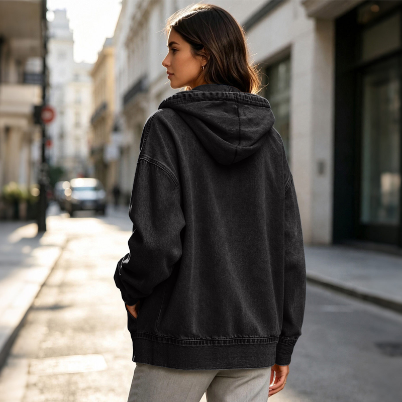 Lisette | Veste à capuche zippée effet jean délavé