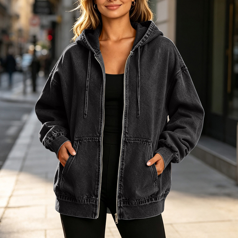 Lisette | Veste à capuche zippée effet jean délavé