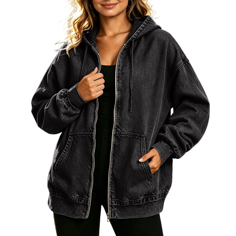 Lisette | Veste à capuche zippée effet jean délavé