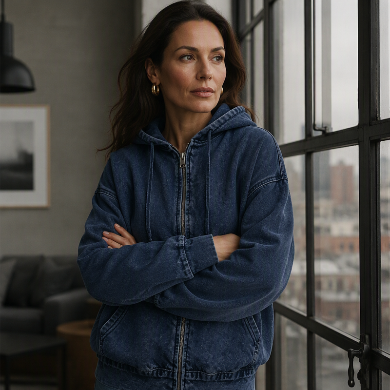 Lisette | Veste à capuche zippée effet jean délavé
