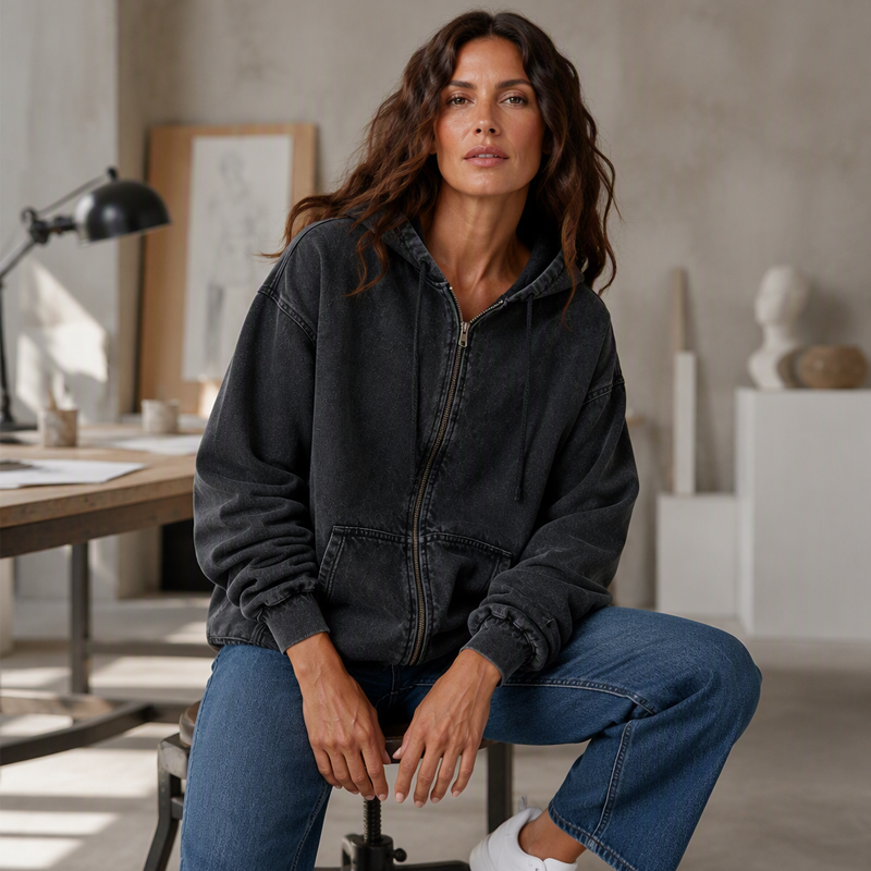Lisette | Veste à capuche zippée effet jean délavé